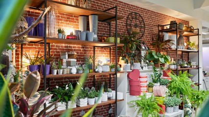 Beautiful atmospheric flower shop with decorations. Stylish interior design with plants, pots, and furniture 