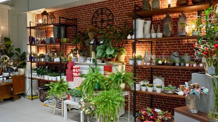 Beautiful atmospheric flower shop with decorations. Stylish interior design with plants, pots, and furniture 