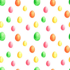 Seamless easter pattern consisting of colorful eggs. Watercolor easter eggs on white background. Wrapping, scrapbooking