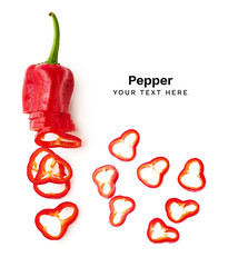 Sliced red bell pepper isolated on white background. Copy space