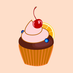 Flat vector illustration of a cream cake with a cherry. Shekoladny cream with berries and fruits in a basket of shortcrust pastry.