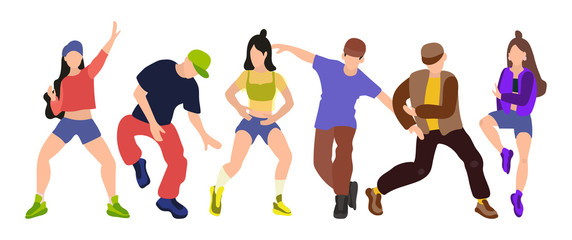 Vector illustration set of guys and girls dancing. Youth at the party. Dancing teens in colorful modern clothes. Hip hop and street style modern dance, arenby and hip hop school