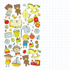 Kindergarten with toys. Pattern for children. Little preschool kids education. Drawing, learning, play