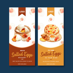 Salted egg flyer design with steamed bun, croissant, pie watercolor illustration.