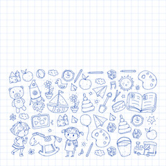 Kindergarten with toys. Pattern for children. Little preschool kids education. Drawing, learning, play