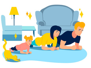 Exercise Plank. Sports family and animals. In minimalist style Cartoon flat raster