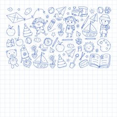 Kindergarten with toys. Pattern for children. Little preschool kids education. Drawing, learning, play