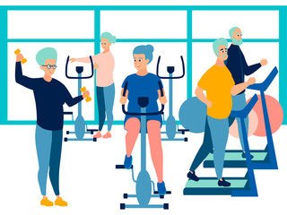 Fototapeta premium People, pensioner in the gym. training on simulators. In minimalist style Cartoon flat raster