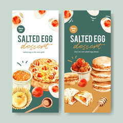 Salted egg flyer design with cupcake, macarons, stuffed bun watercolor illustration.