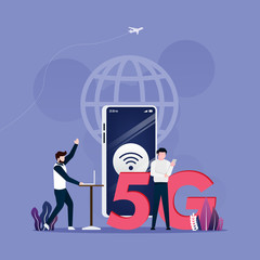 5G network wireless technology concept. People with smartphone and laptop use high-speed Internet. vector illustration
