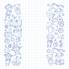 Fototapeta premium Kindergarten with toys. Pattern for children. Little preschool kids education. Drawing, learning, play