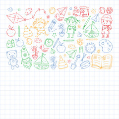 Kindergarten with toys. Pattern for children. Little preschool kids education. Drawing, learning, play