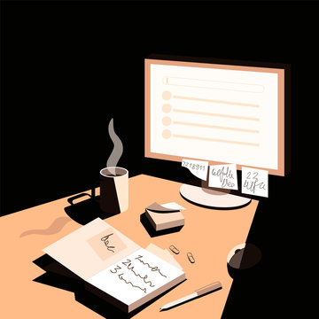 Late In The Evening The Light From The Computer Falls On The Desktop. Desk Of A Detective, Investigator, Night Shift Worker Or Student. Home Office Workplace.  Flat Vector Illustration.