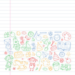 Kindergarten with toys. Pattern for children. Little preschool kids education. Drawing, learning, play