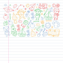 Kindergarten with toys. Pattern for children. Little preschool kids education. Drawing, learning, play