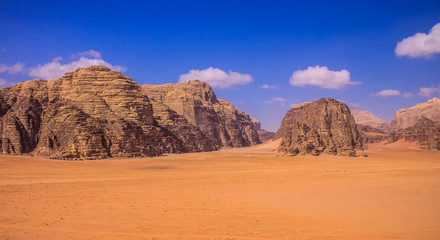 Fototapeta na wymiar Wadi Rum desert aerial landscape picturesque scenic view of heritage tourism site in Jordan Middle East region country sand valley and beautiful rocky mountains