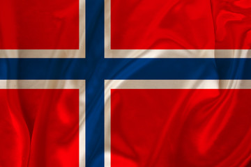 Fototapeta premium photo of the national flag of Norway on a luxurious texture of satin, silk with waves, folds and highlights, close-up, copy space, travel concept, economy and state policy, illustration