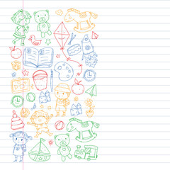 Kindergarten with toys. Pattern for children. Little preschool kids education. Drawing, learning, play