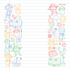 Kindergarten with toys. Pattern for children. Little preschool kids education. Drawing, learning, play