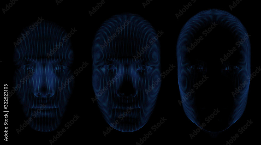 Poster 3d render of abstract face covered with small pattern texture. three phases of scanning. technology 