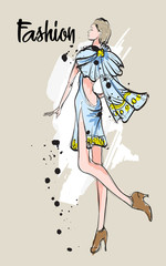 Beautiful young women in ethnic style.. Hand drawn stylish woman portrait. Fashion lady. Festive outfit. Sketch. Fashion model posing in dress. Hand drawn fashion woman.