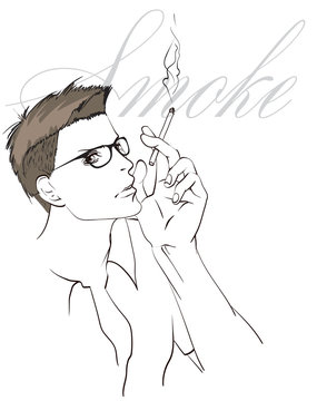The face of a man. Fashionable portrait. Vector sketch of a smoking man on a white background. Hipster smoker. Smoking.