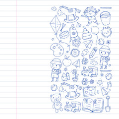 Kindergarten with toys. Pattern for children. Little preschool kids education. Drawing, learning, play