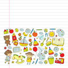 Kindergarten with toys. Pattern for children. Little preschool kids education. Drawing, learning, play