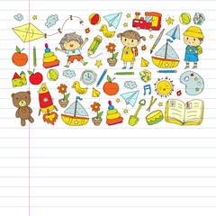 Kindergarten with toys. Pattern for children. Little preschool kids education. Drawing, learning, play