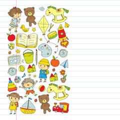 Kindergarten with toys. Pattern for children. Little preschool kids education. Drawing, learning, play