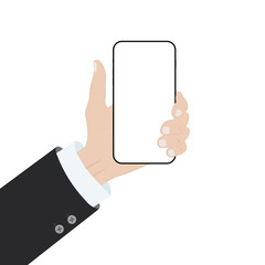 Businessman hand holding new telephone with blank white screen. Vector illustration