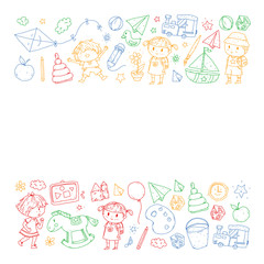 Kindergarten with toys. Pattern for children. Little preschool kids education. Drawing, learning, play