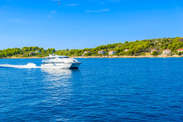 Luxury yacht in the sea cruising on Adriatic Sea blue lagoon, islands Kornati, Dalmatia, Croatia