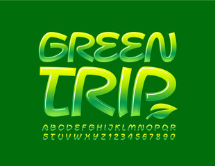 Vector colorful logo Spring Love. Green Glossy Font. Artistic Alphabet Letters and Numbers.