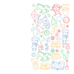 Kindergarten with toys. Pattern for children. Little preschool kids education. Drawing, learning, play