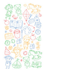 Obraz premium Kindergarten with toys. Pattern for children. Little preschool kids education. Drawing, learning, play
