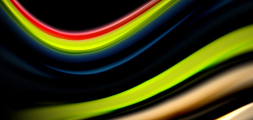 Abstract silk smooth lines on black, multicolored liquid fluid rainbow style waves on black