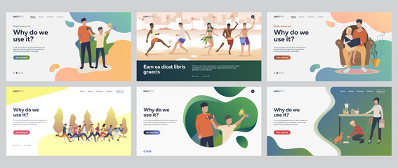Leisure time set. Friends, family enjoying activities outdoors, at home. Flat vector illustrations. Sport, fun, vacation, togetherness concept for banner, website design or landing web page
