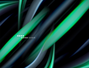 Silk smooth lines on black, liquid fluid color waves. Vector Illustration