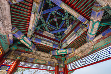 Roof of Chinese arbor on one of the bridges in Summer Palace in Beijing, capital city of China
