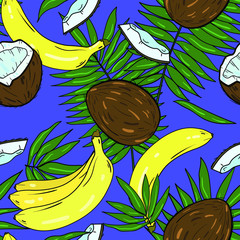 Seamless vector pattern with coconut, bananas and tropical palm leaf on blue background. Good for printing. Wallpaper, fabric and textile design. Wrapping paper pattern. Tropical fruits illustration.