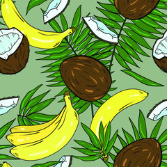 Seamless vector pattern with coconut, bananas and tropical palm leaf on grey background. Good for printing. Wallpaper, fabric and textile design. Wrapping paper pattern. Tropical fruits illustration.