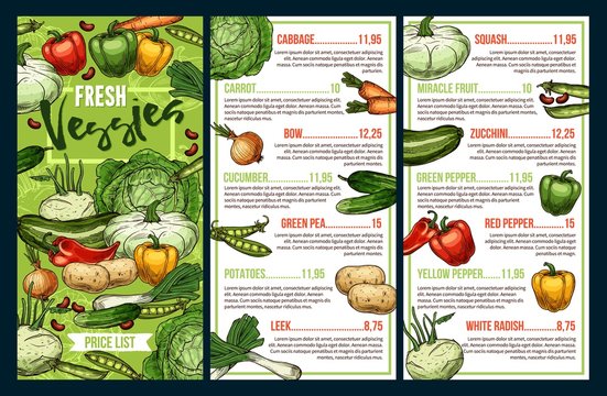 Vegetables price list vector template of farm food sketches. Bell pepper, carrot and cabbage, zucchini, onion and beans, cucumber, kohlrabi and potato, green pea, leek and squash, farmer market design - Powered by Adobe