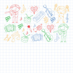 Music background for patterns. Vector illustration with musical instruments.