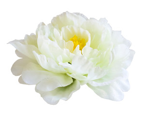 beautiful white peony made of fabric on a white background. flower of love and tenderness
