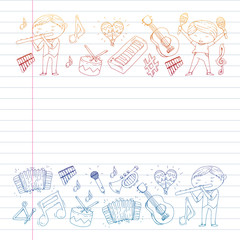 Music background for patterns. Vector illustration with musical instruments.