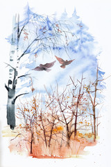 Watercolor illustration of a beautiful Russian forest with flying birds at a summer sunset