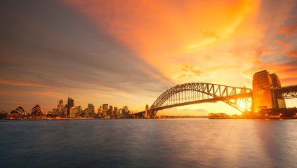 View point of Sydney harbour with city and bridge in sunset time
