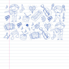 Music background for patterns. Vector illustration with musical instruments.