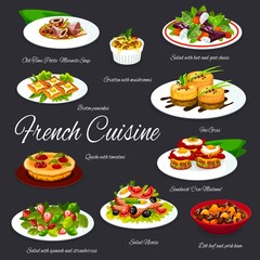 French food dishes of vector foie gras, cheese, olives, vegetables and tuna fish salads, egg sandwiches and crepes, mushroom casserole gratin and chicken soup, tomato pie quiche. Restaurant menu